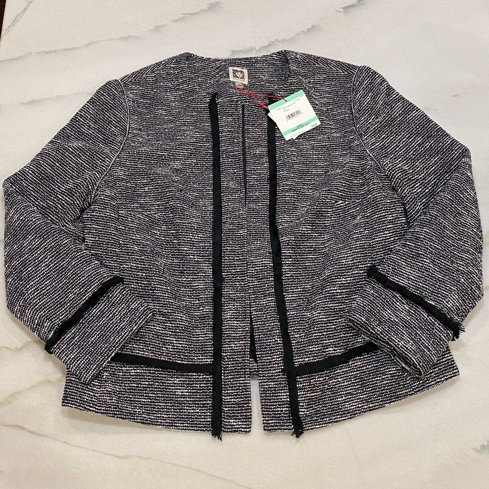 Anne Klein Tweed Jacket Size 8 Black White‎ Fringe NWT